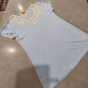 JOE FRESH Women's 100% Cotton Cap Sleeves Tee w/Ivory Lace Trim Neckline - Blue